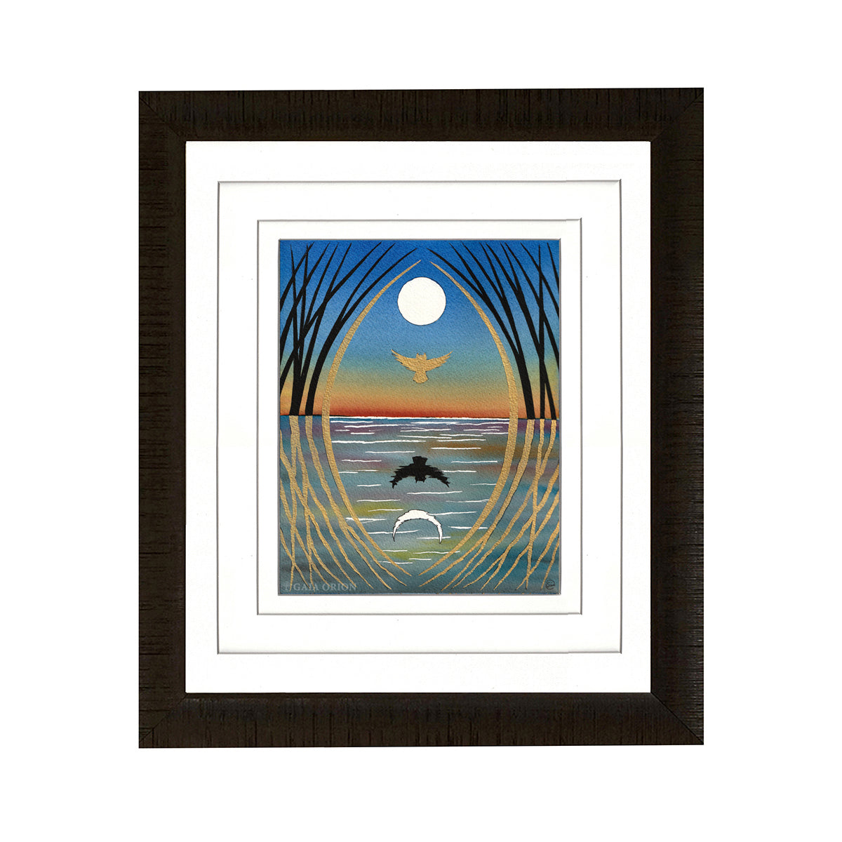 Beyond the Veil... At Dawn is a stylized watercolor and gold acrylic artwork measuring 22 x 18 cm. It features a birds silhouette soaring above a sunset over water, with branch-like patterns framing the scene and a white crescent shape at the bottom, evoking serenity and wisdom.