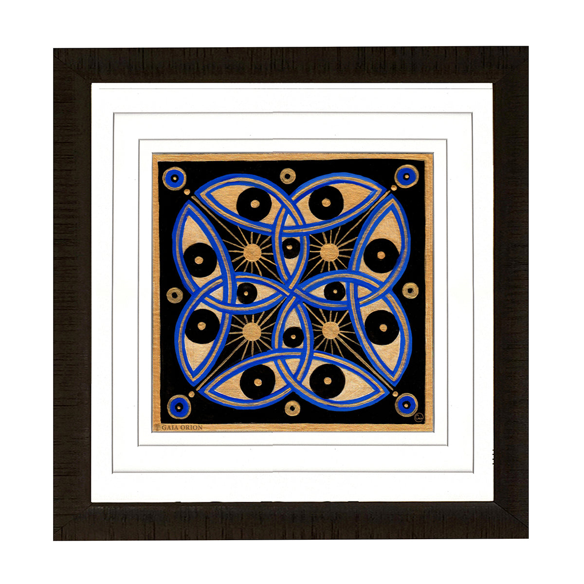 Framed artwork with a geometric design featuring blue and gold elements on a black background.