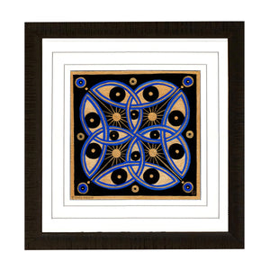 Framed artwork with a geometric design featuring blue and gold elements on a black background.