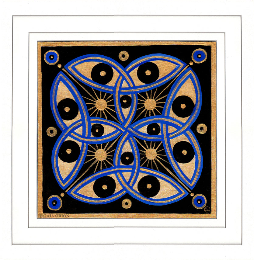 Cosmic Decorative design with interlocking circles and geometric patterns on a black background.