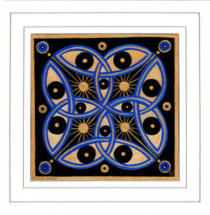 Decorative design with geometric patterns in blue, black, and gold on a black background.