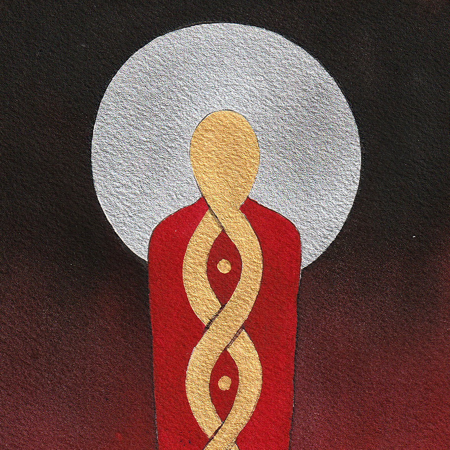 Accelerated Transformation watercolor and gold acrylic artwork, 27 x 14 cm, featuring a stylized figure with circular background.