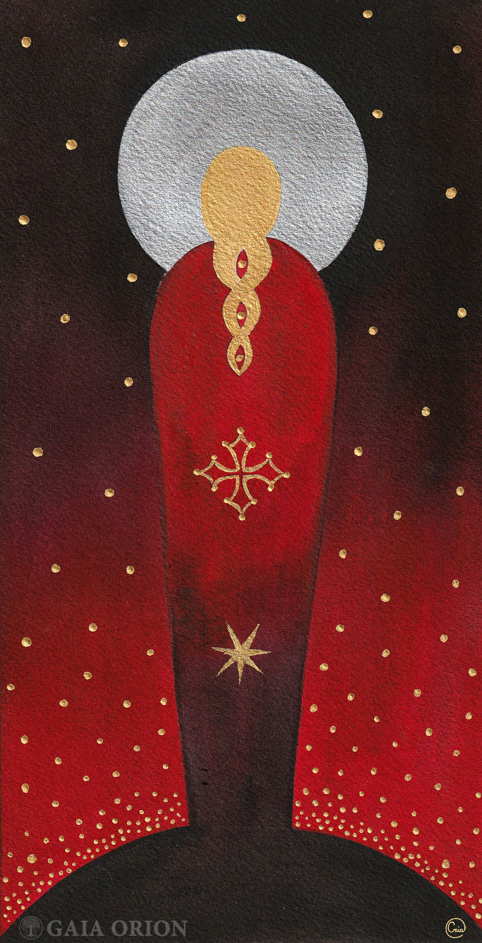 A red cloak woman with a golden braid gold dots and a gold cross