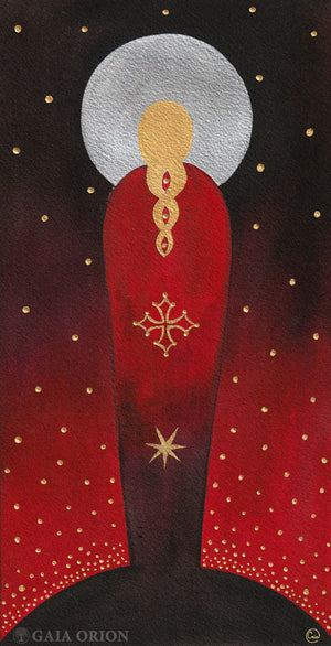 a woman with a silver full moon the occitan cross and a seven-branch star
