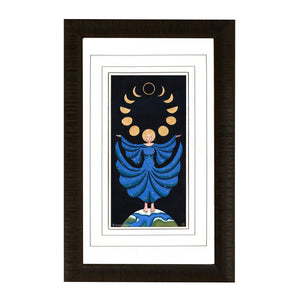 Framed artwork of a blue-clad figure with moon phases above on a black background.