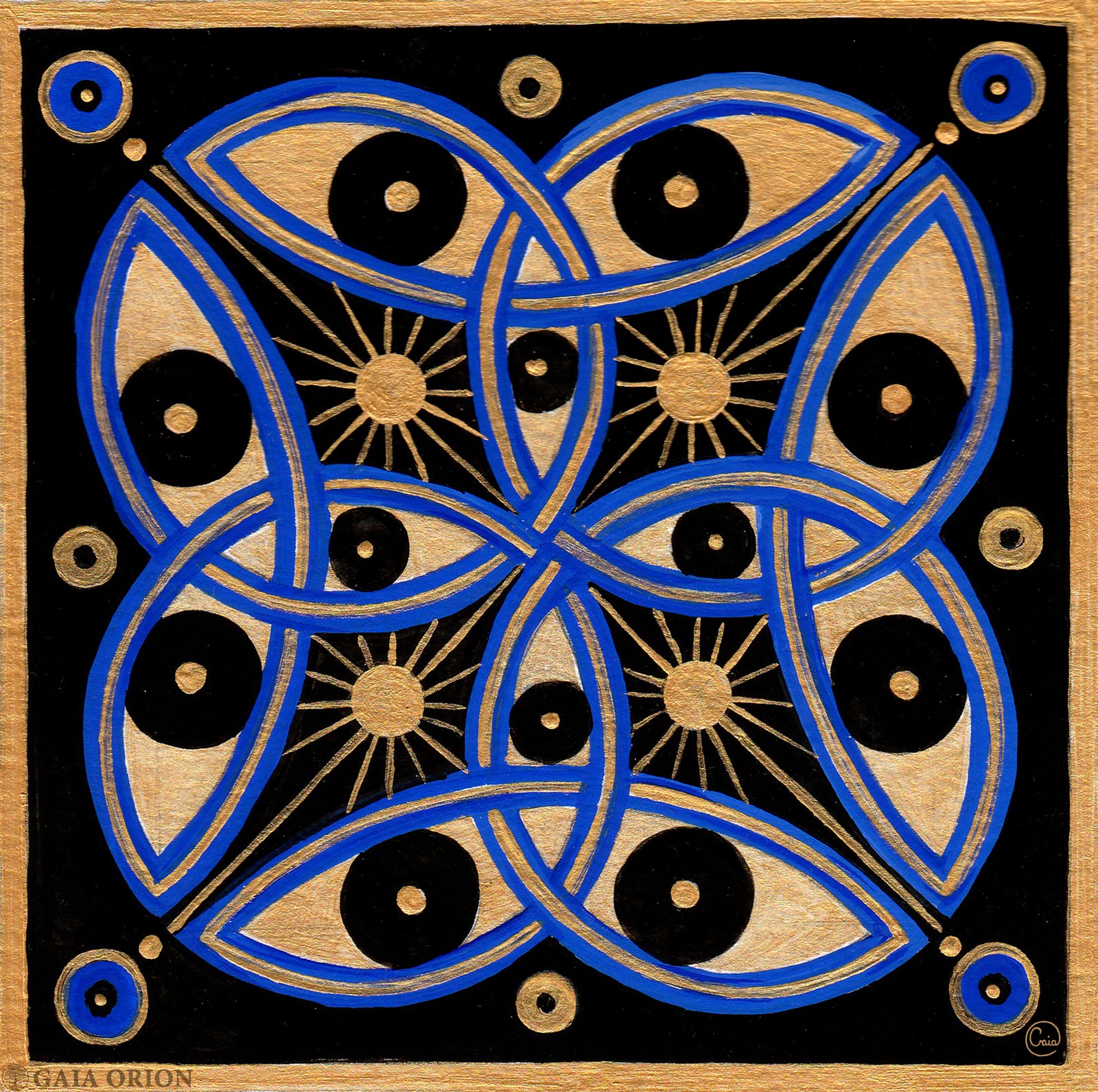 Cosmic Decorative design with interlocking circles and geometric patterns on a black background.