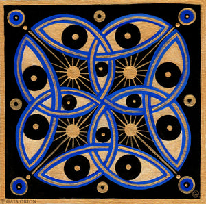 Cosmic Decorative design with interlocking circles and geometric patterns on a black background.