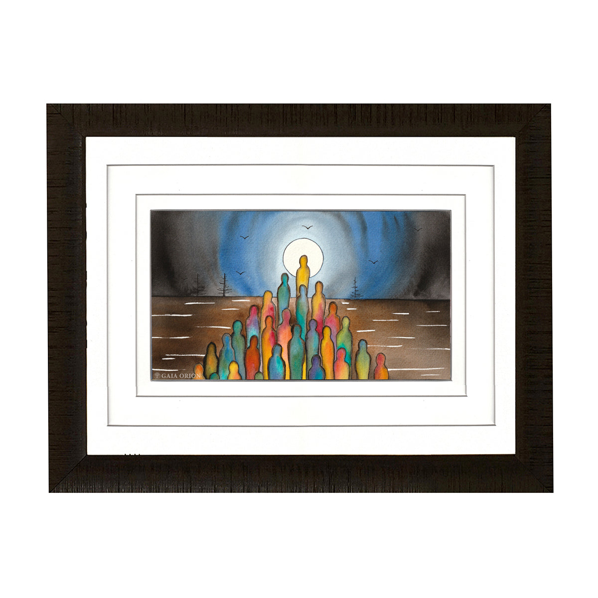 Framed artwork titled The Tribe of Many Colors showcases abstract human figures in soft watercolor and gold acrylic, facing a glowing light against a dark backdrop with birds flying. Size: 15 x 27 cm (6 x 10.5).