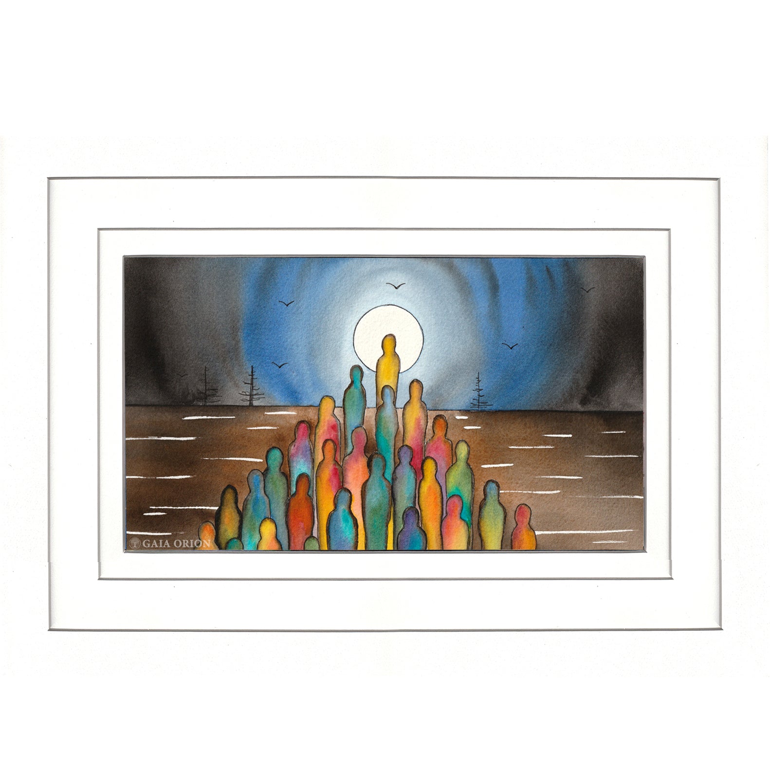 The Tribe of Many Colors showcases multicolored silhouettes on a hill facing a halo-lit central figure, with birds flying against a moonlit sky. The artists watercolor and gold acrylic piece is framed in white, measuring 15 x 27 cm (6 x 10.5).