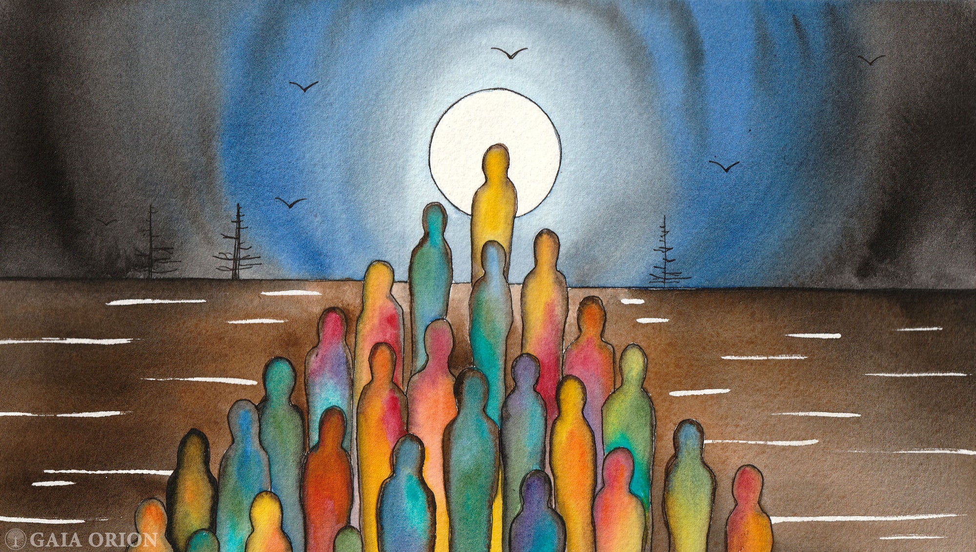 A group of colorful silhouettes stands under a bright moon in a serene night sky in The Tribe of Many Colors, a watercolor and gold acrylic piece measuring 15 x 27 cm, with sparse trees and birds enhancing the mystical atmosphere.