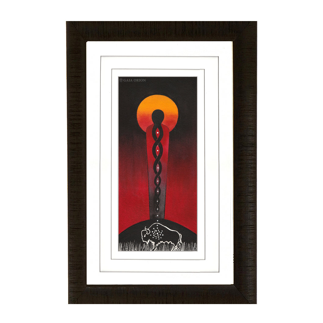 osage woman with black hair looking at the setting sun