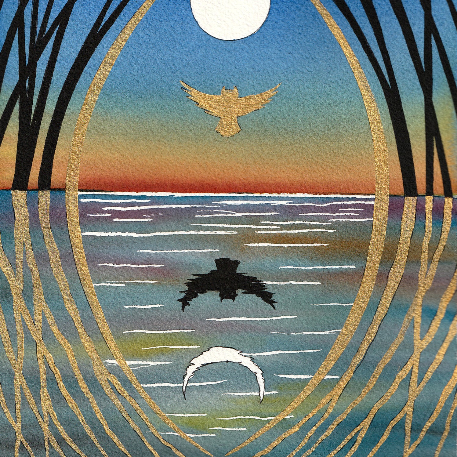 Beyond the Veil... At Dawn is a stylized watercolor and gold acrylic artwork measuring 22 x 18 cm. It features a birds silhouette soaring above a sunset over water, with branch-like patterns framing the scene and a white crescent shape at the bottom, evoking serenity and wisdom.