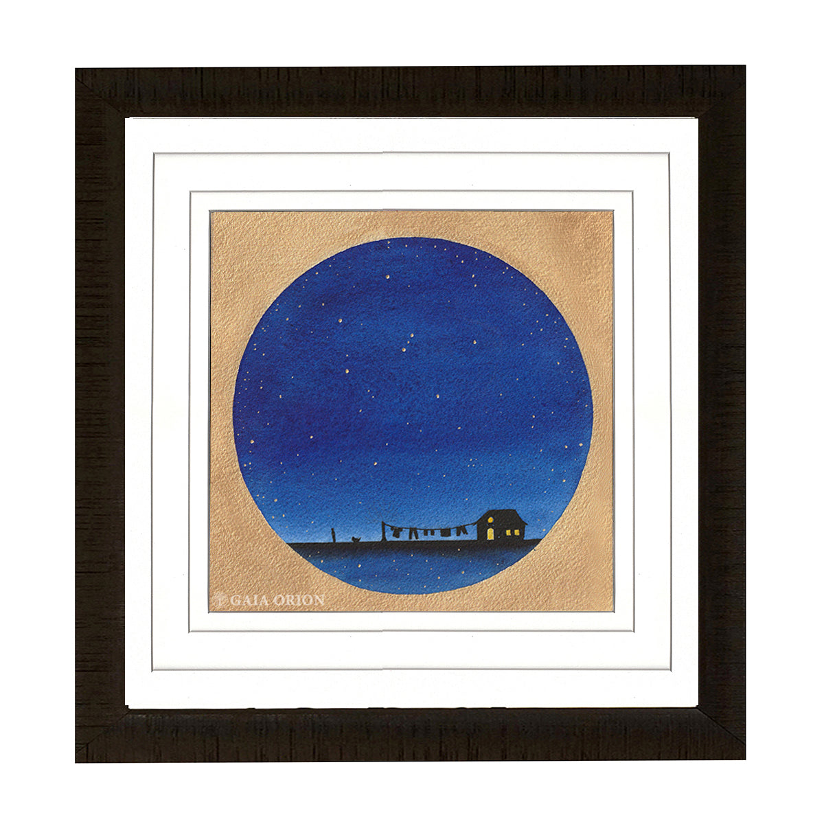 The Extraordinary artwork, measuring 15 x 15 cm, features a circular watercolor scene with a small house, lit window, and starry sky. Laundry and a figure with a dog are silhouetted against the deep blue background, reflecting the artists peaceful nighttime vision.