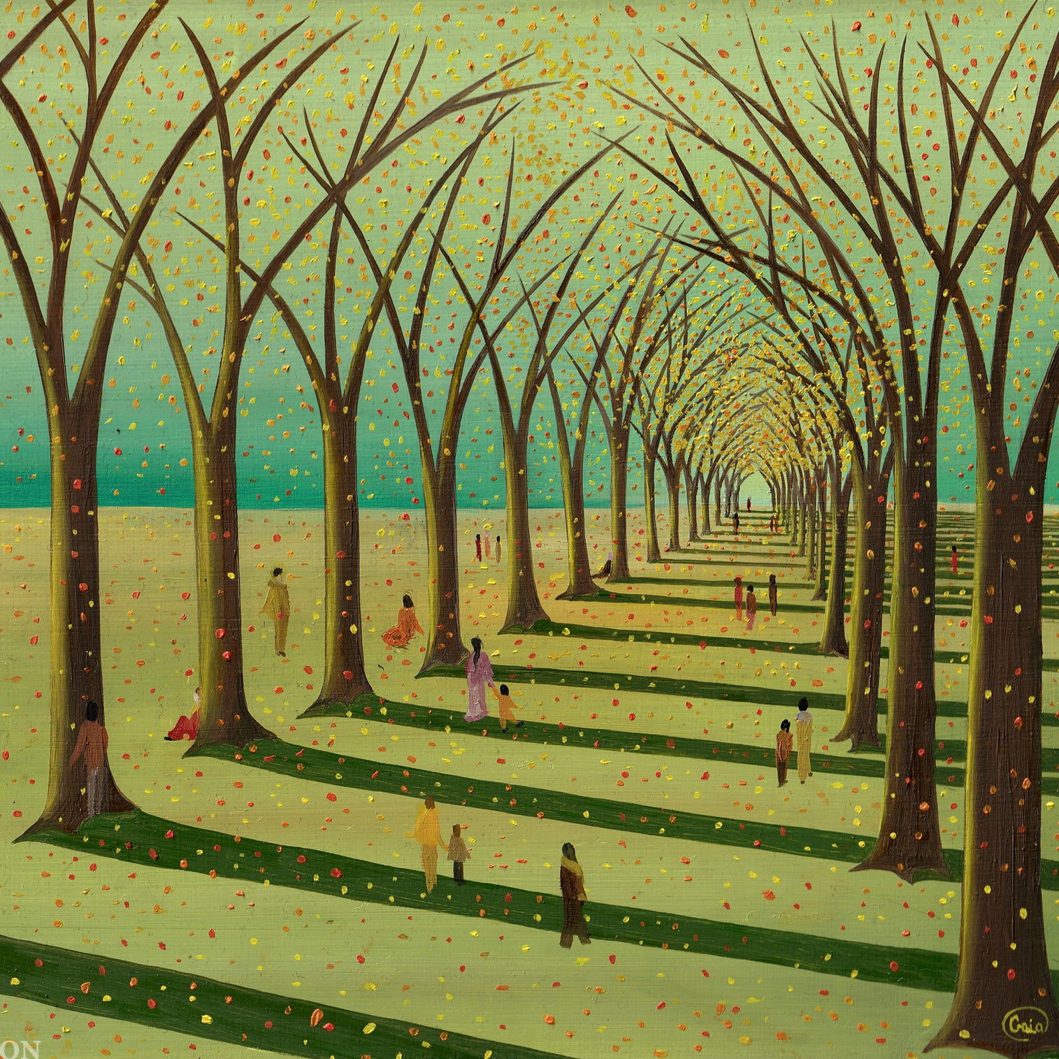 Sunday Morning - Oil on Wood - 20 x 25 cm showing people walking under tall trees with falling leaves and long shadows.