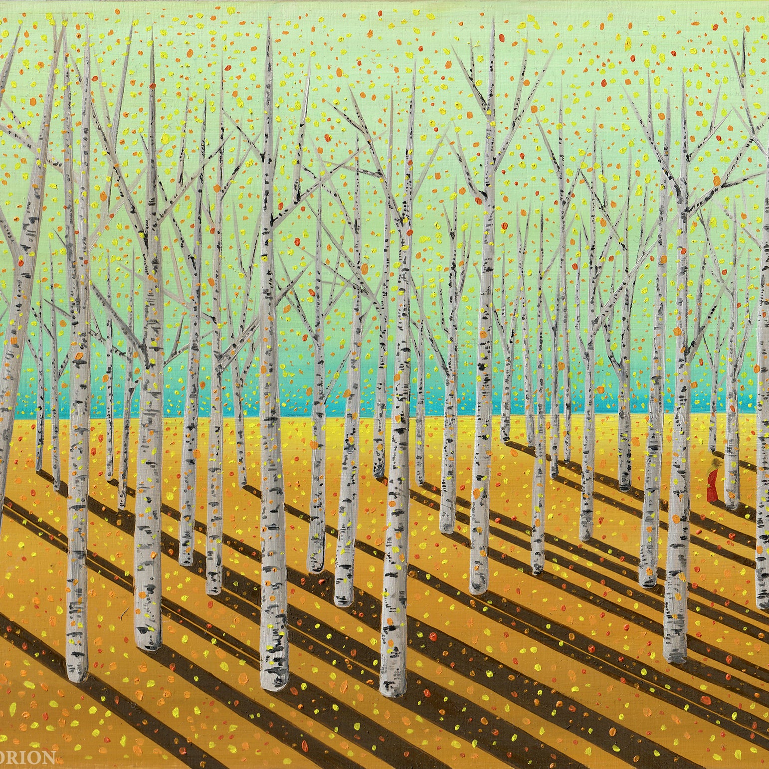 Heart of the Forest - Oil on Wood painting depicting birch trees with long shadows in a bright autumn forest scene.