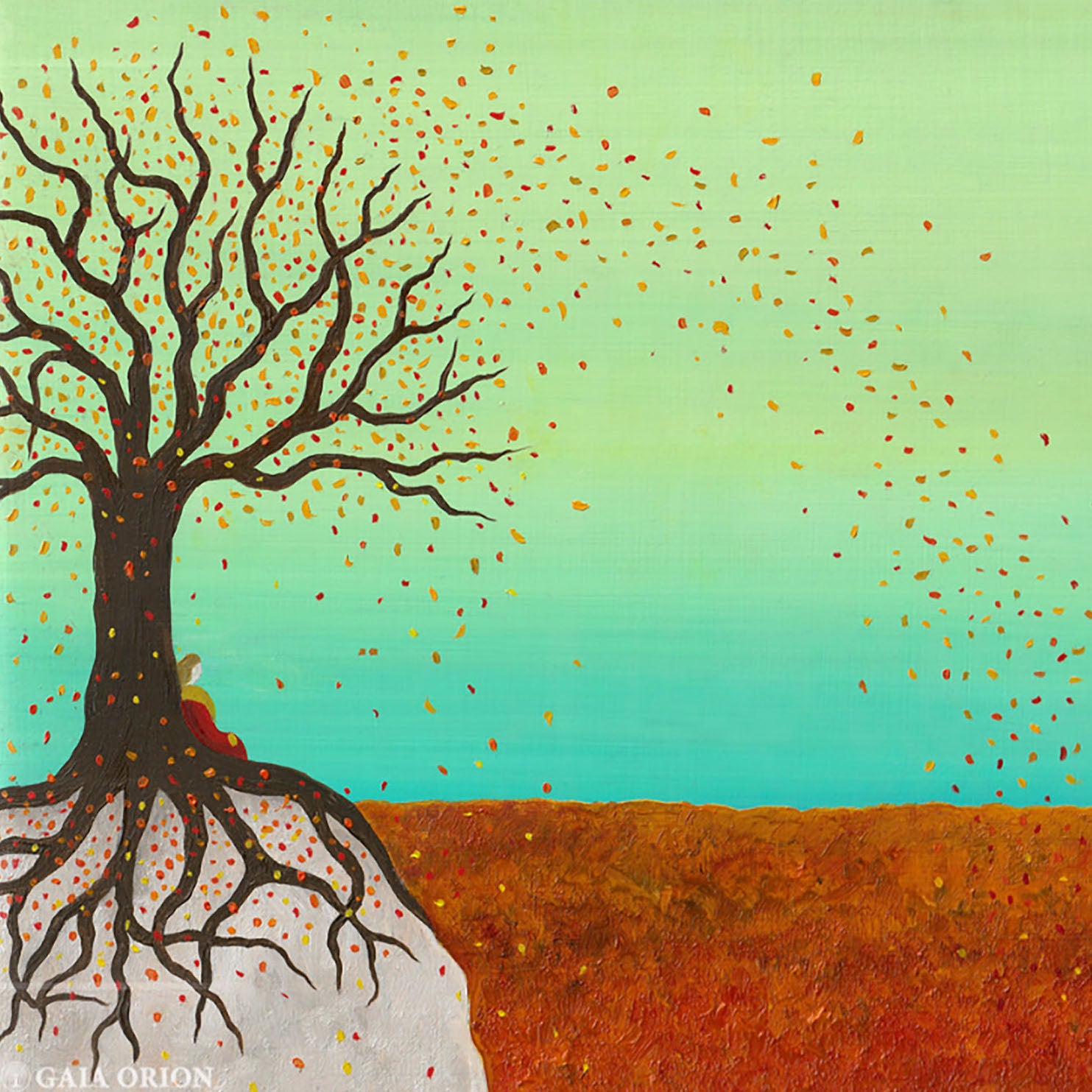 Vista from Above - Oil on Wood - 20 x 25 cm featuring a tree with exposed roots and falling leaves against a gradient sky background.