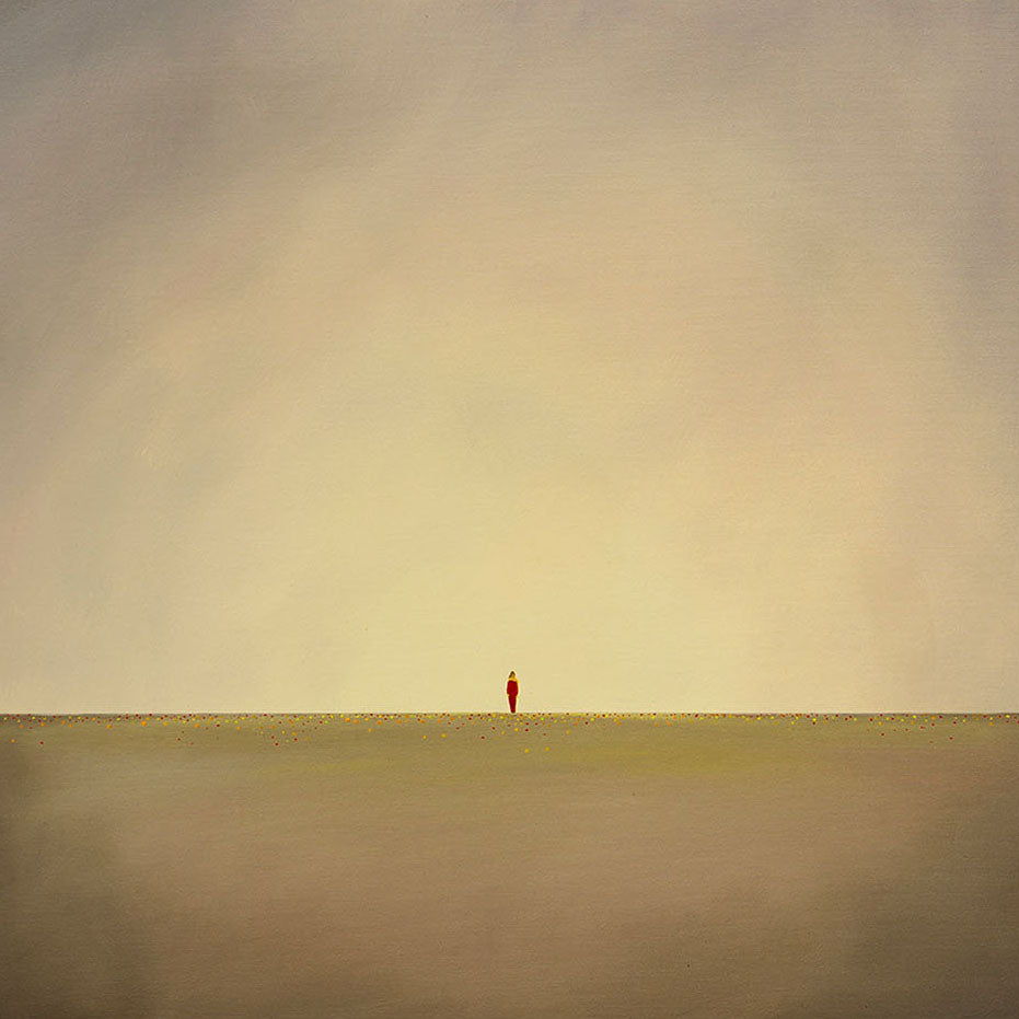 Silence - Oil on Canvas - 50 x 100 cm depicting a solitary figure in a vast muted landscape with soft gradient sky.