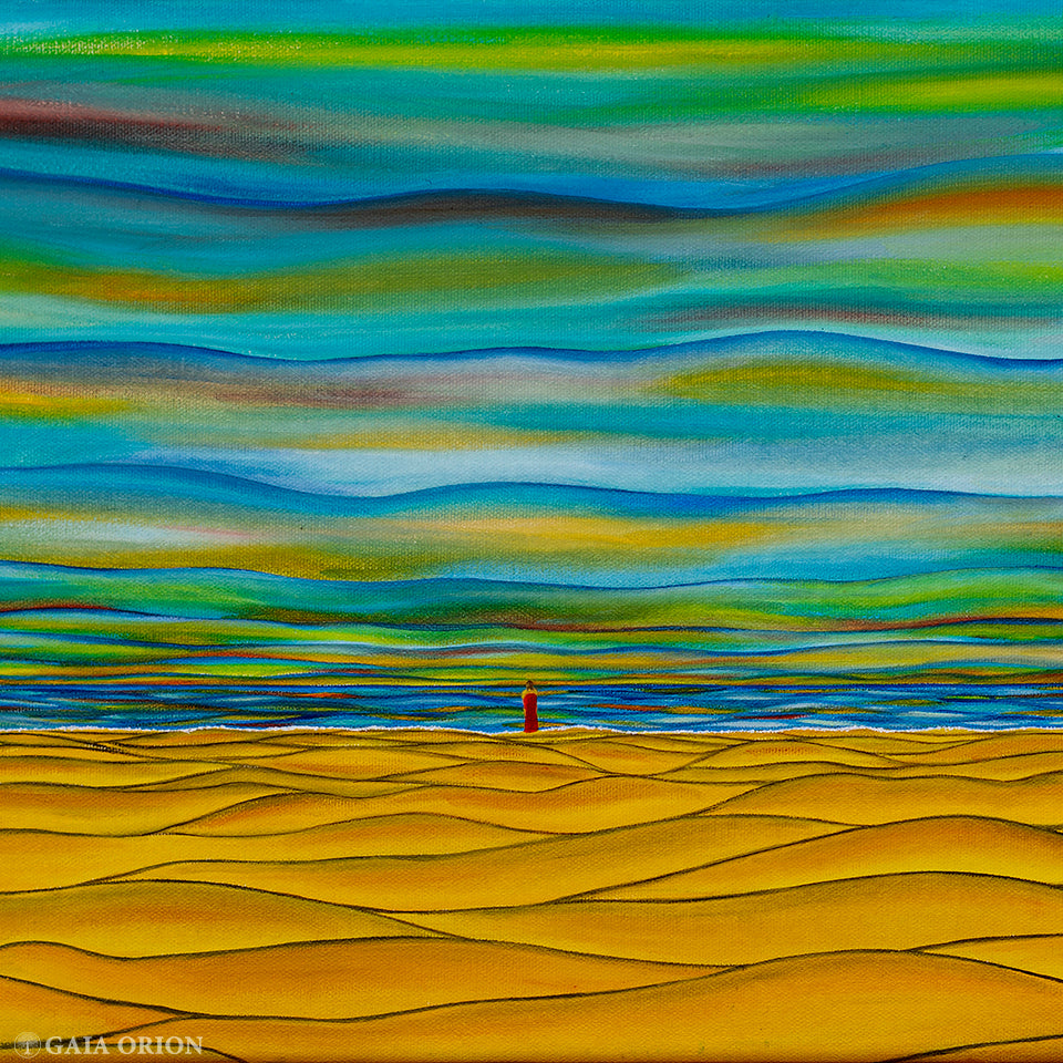 Ocean Reflections - Oil on Canvas 30x60 cm depicting abstract ocean waves and golden sandy shore at horizon.