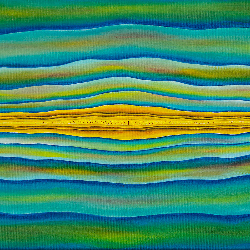 Passage - Oil on Canvas - 30 x 60 cm abstract painting with layered blue, green, and yellow horizontal waves.