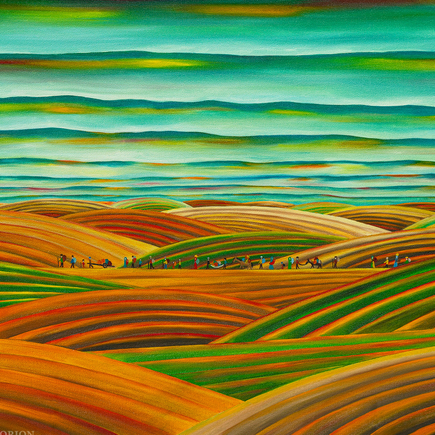 Woven in the Fields - Oil on Canvas 45x60 cm, colorful rolling fields with small figures and a vibrant sky.