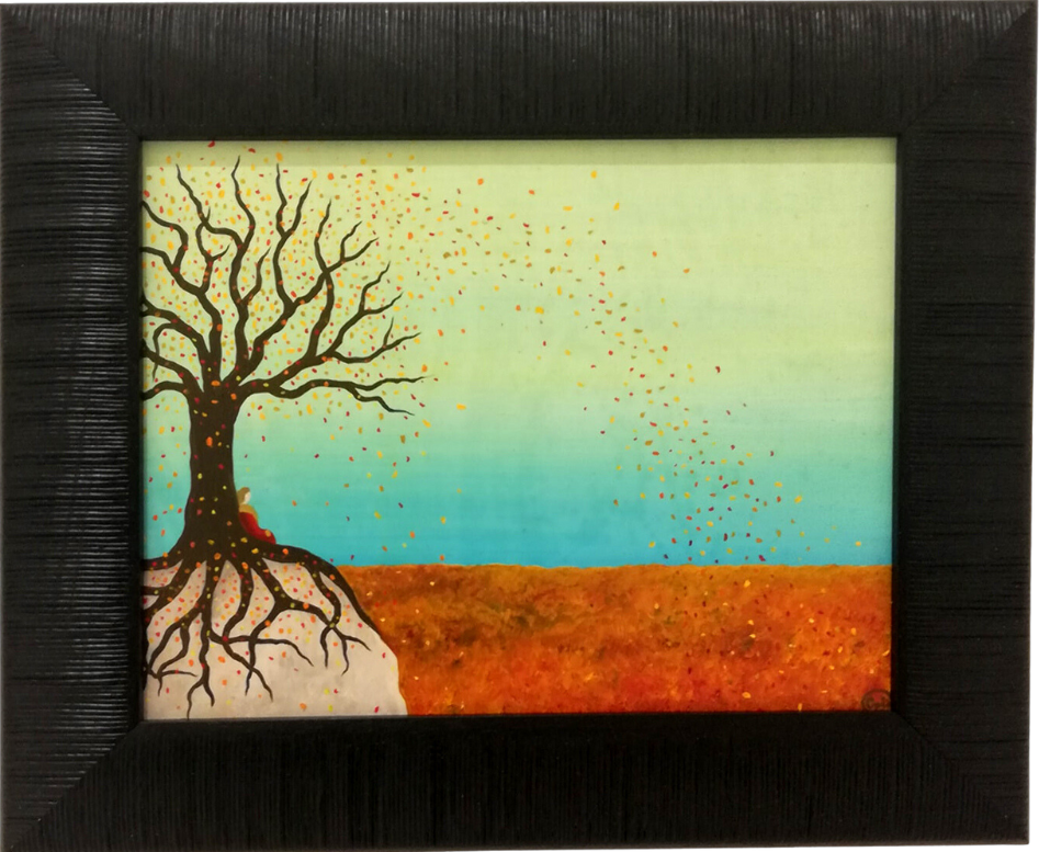 Vista from Above - Oil on Wood - 20 x 25 cm featuring a tree with exposed roots and falling leaves against a gradient sky background.