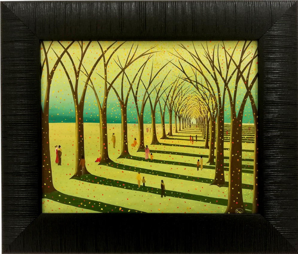 Sunday Morning - Oil on Wood - 20 x 25 cm showing people walking under tall trees with falling leaves and long shadows.