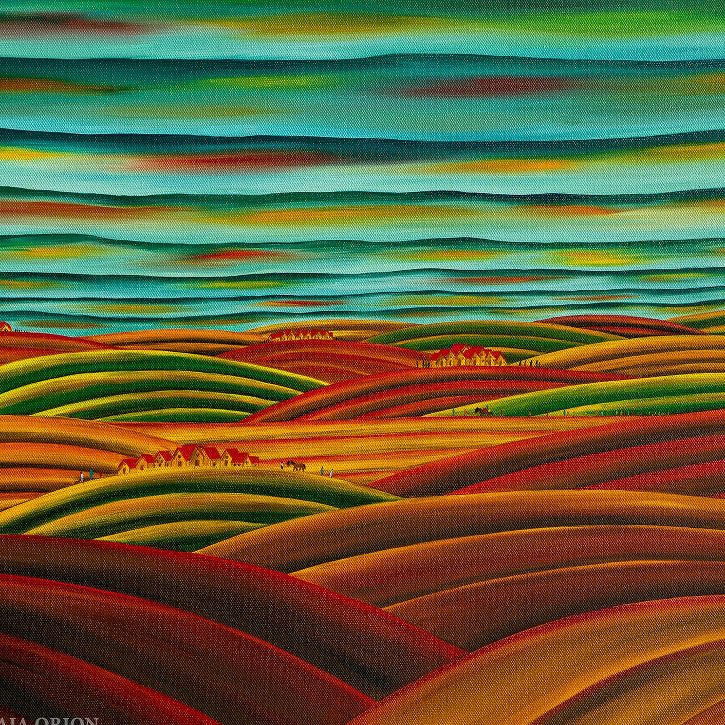 Warmth - Oil on Canvas depicting rolling hills with warm earth tones under a layered turquoise sky.