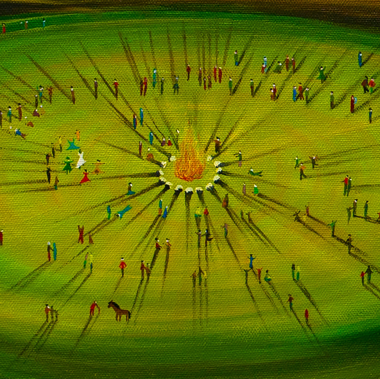 Solstice Celebration - Oil on Canvas - 55 x 75 cm shows people gathering around a central bonfire on green grass.