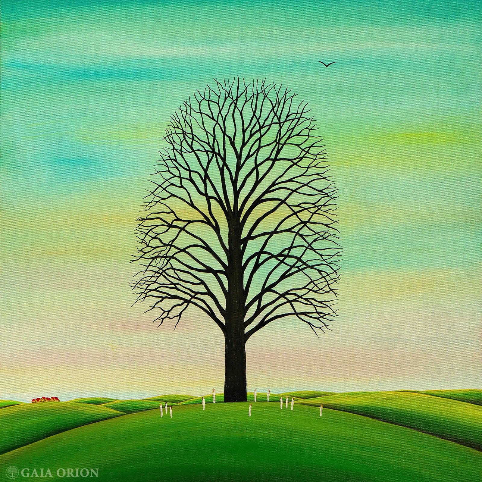 Presence - Oil on Canvas - 55 x 75 cm featuring a solitary tree with bare branches against a soft gradient sky over rolling green hills.