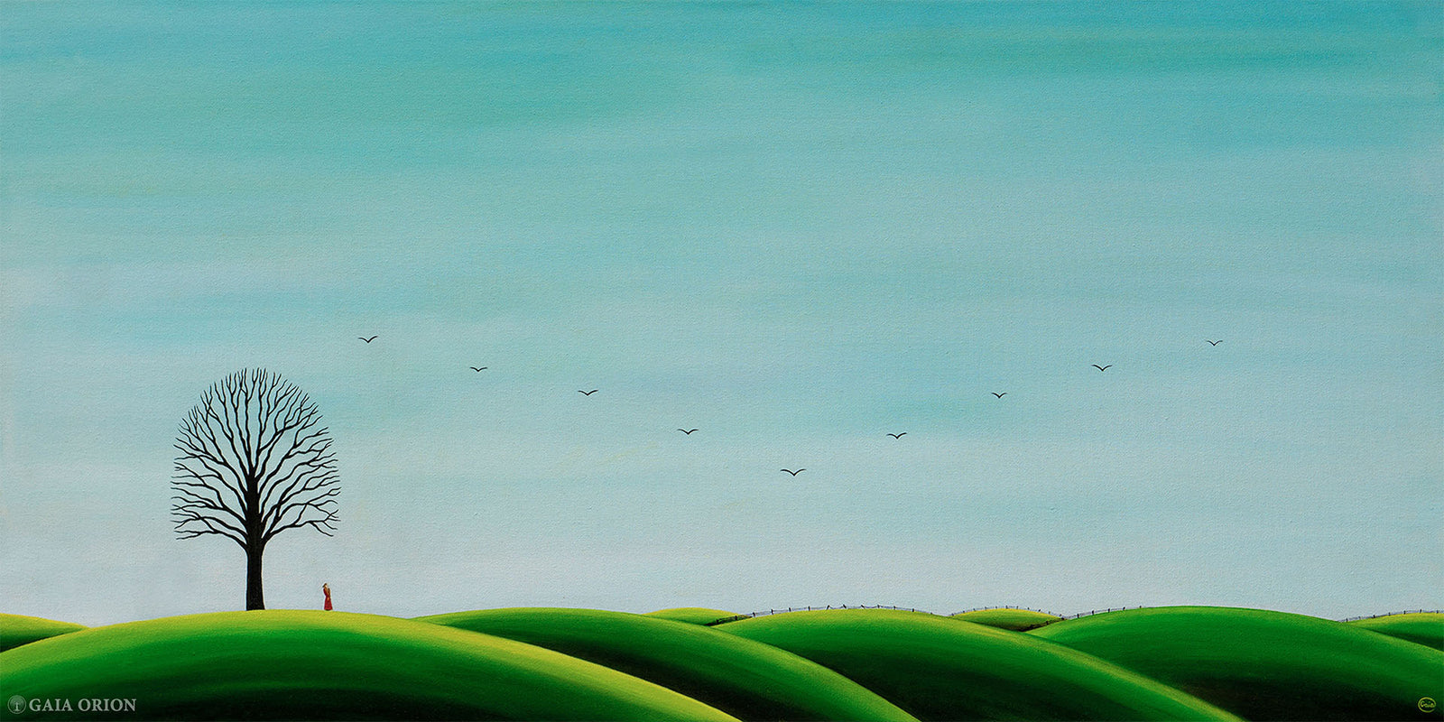The Call - Oil on Canvas shows a lone tree and figure with birds flying over green hills under a blue sky.