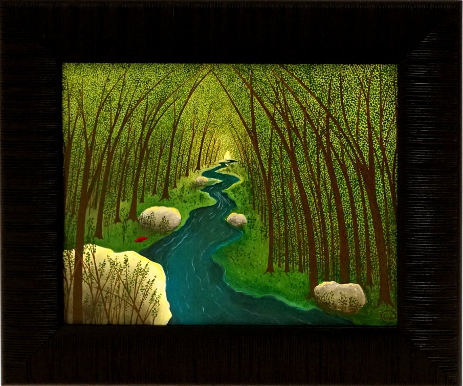 In the deep - Oil on Wood - 20 x 25 cm depicting a winding river flowing through a dense green forest tunnel.
