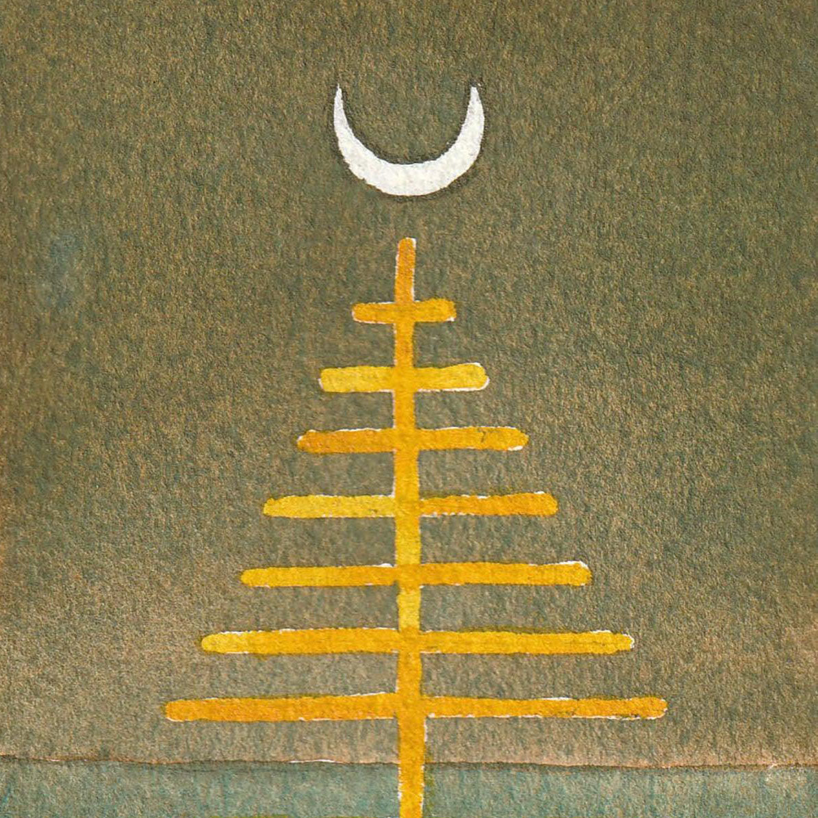 Aspiration - Watercolour 15 x 8 cm features a gold symbolic tree beneath a white crescent on green background.