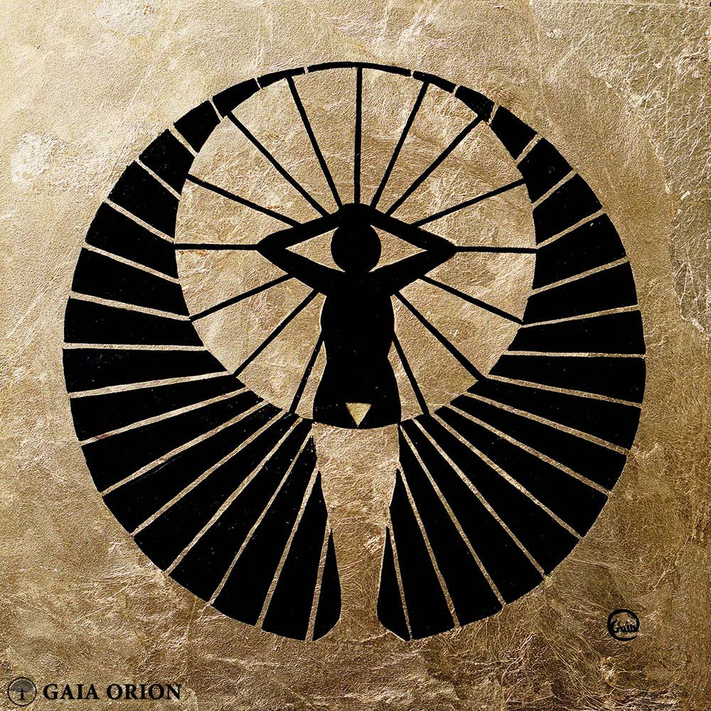 Aware - Oil on Wood 20x20 cm painting featuring a black abstract figure with radiating lines on a gold background.