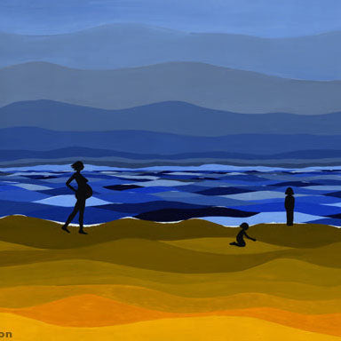 Blessings - Oil on Canvas - silhouettes of a pregnant woman and two children by layered blue and yellow waves.
