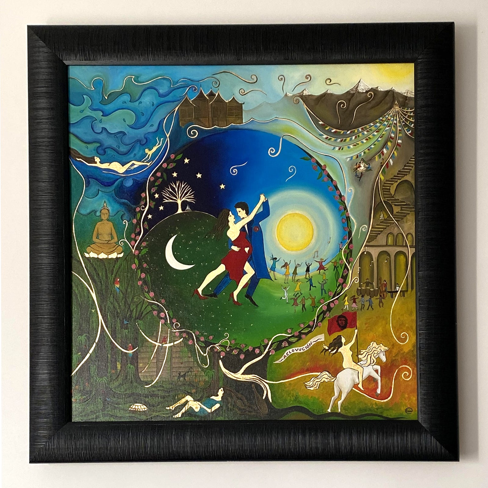 The Charlotte framed oil on canvas (60 x 60 cm) depicts a couple dancing joyfully under a starry sky and crescent moon, surrounded by elements like a Buddha statue, mountains, and diverse cultural figures intertwined with vines and spirals beneath the bright sun.