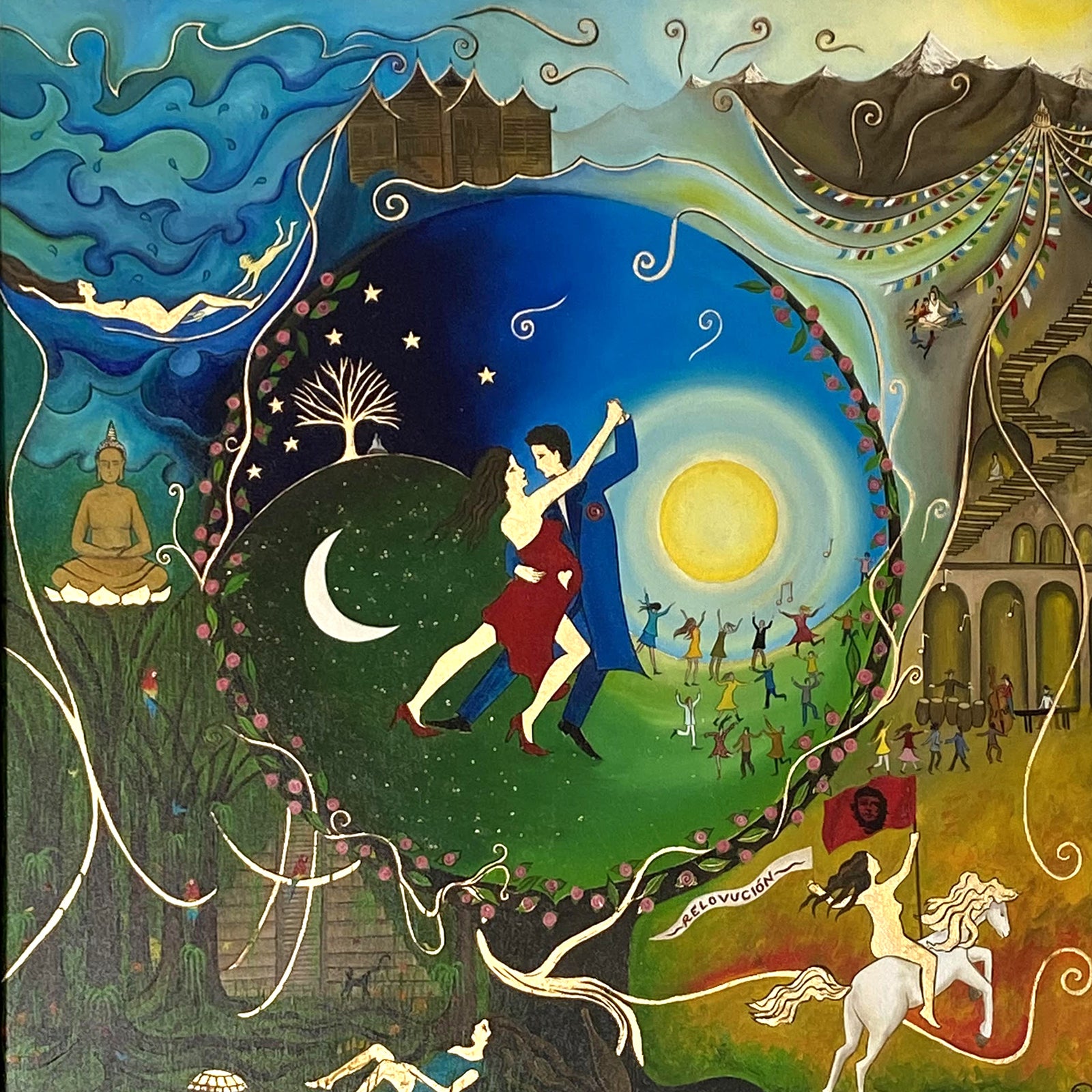The Charlotte framed oil on canvas (60 x 60 cm) depicts a couple dancing joyfully under a starry sky and crescent moon, surrounded by elements like a Buddha statue, mountains, and diverse cultural figures intertwined with vines and spirals beneath the bright sun.