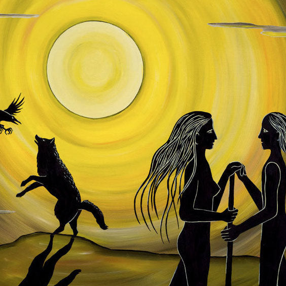 Commitment - Oil on Canvas - 55 x 75 cm showing a wild couple sharing a walking stick under a large yellow sun.