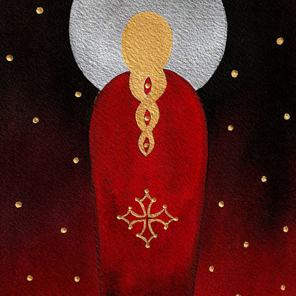 A red cloak woman with a golden braid gold dots and a gold cross