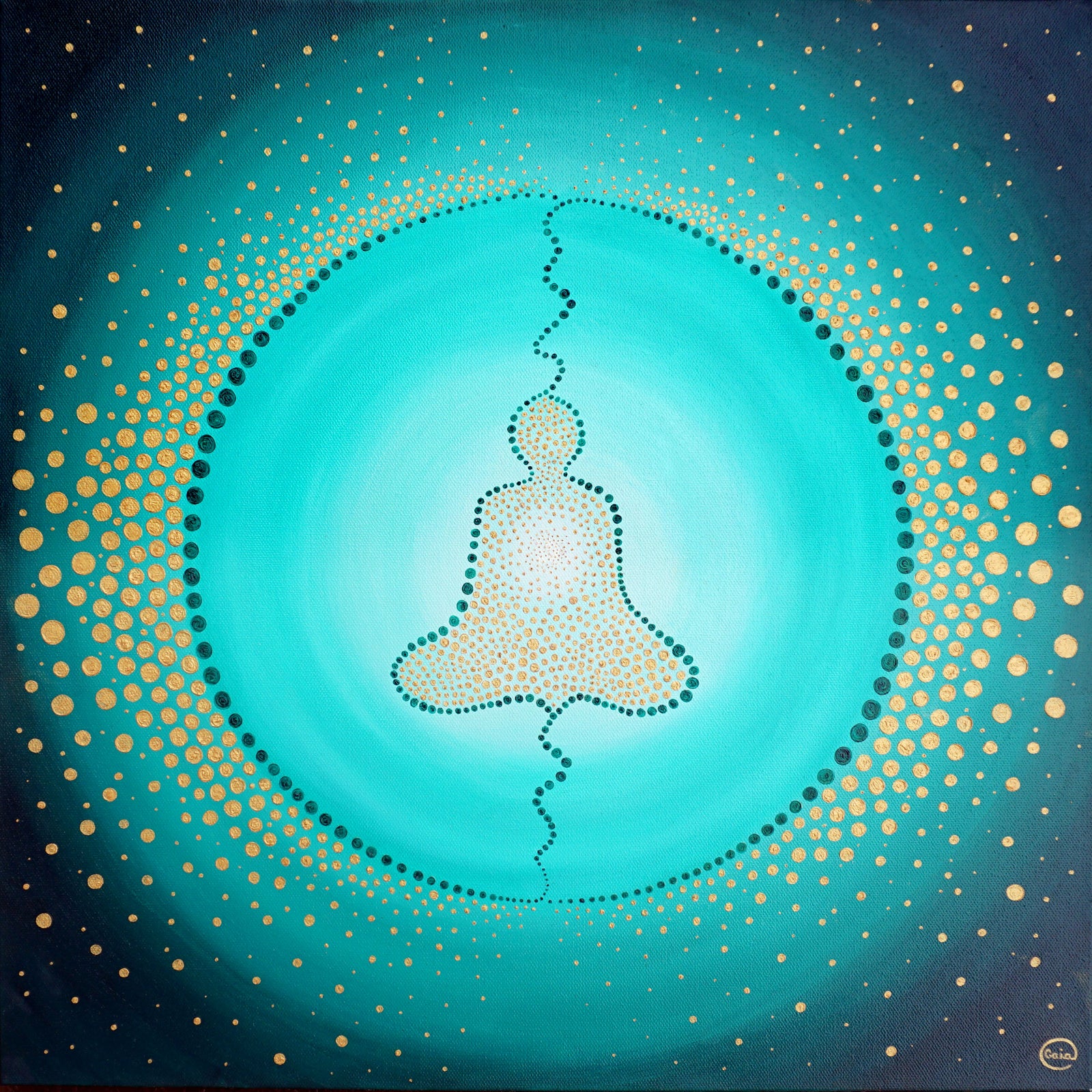 Spiritually Aligned Painting - Final Payment showing a meditative figure surrounded by turquoise and gold dot patterns.