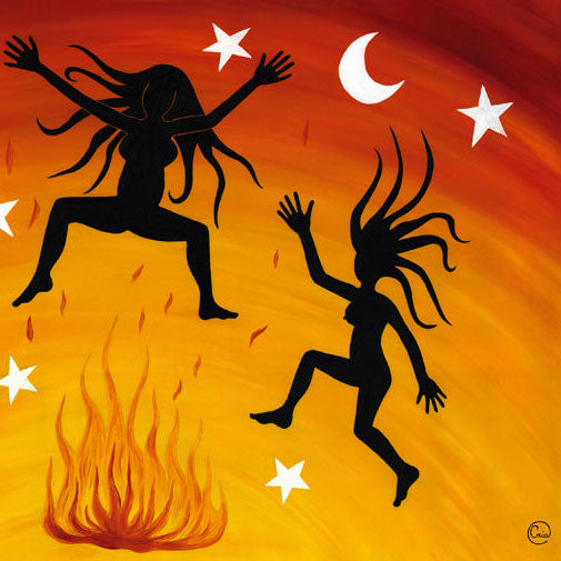 Dancing Wild - Oil on Canvas - 60 x 90 cm showing two silhouetted women dancing joyfully against an orange sky.