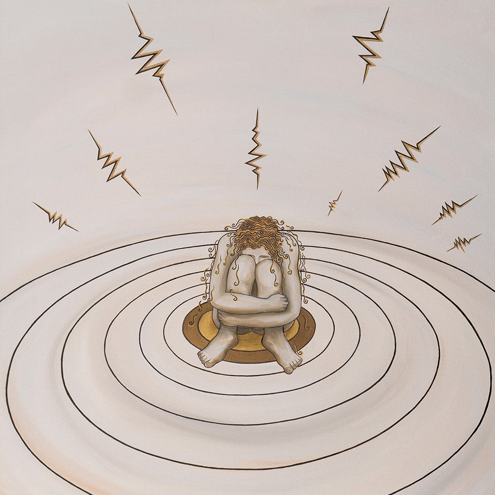 Descent - Oil on Canvas - 75 x 55 cm showing a figure curled up in the center of concentric circles with lightning bolts above.