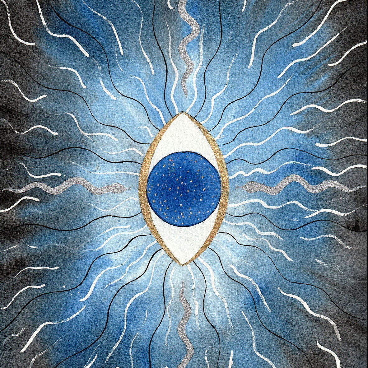 The Door of the Mind watercolor and gold acrylic artwork featuring a blue eye with radiating lines.