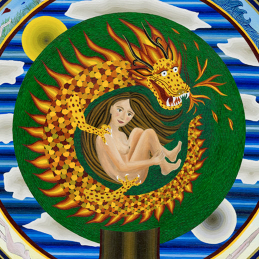 Befriending Your Dragon - oil on canvas showing a girl embraced by a golden dragon inside a green circle.