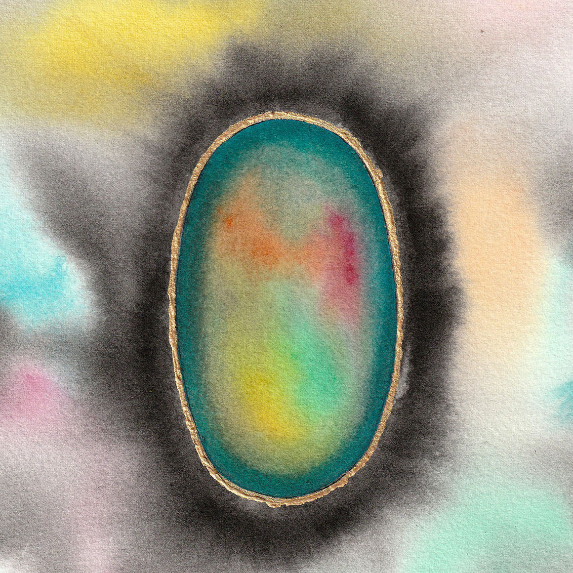 Emergence - Watercolour and Gold Acrylic 22x18 cm painting with colorful abstract shapes and gold outline representing life’s beginning.