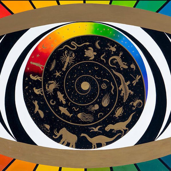 Evolution of Consciousness - Oil on Canvas - 90 x 180 cm depicting a cosmic spiral with animals and stars in vibrant colors.