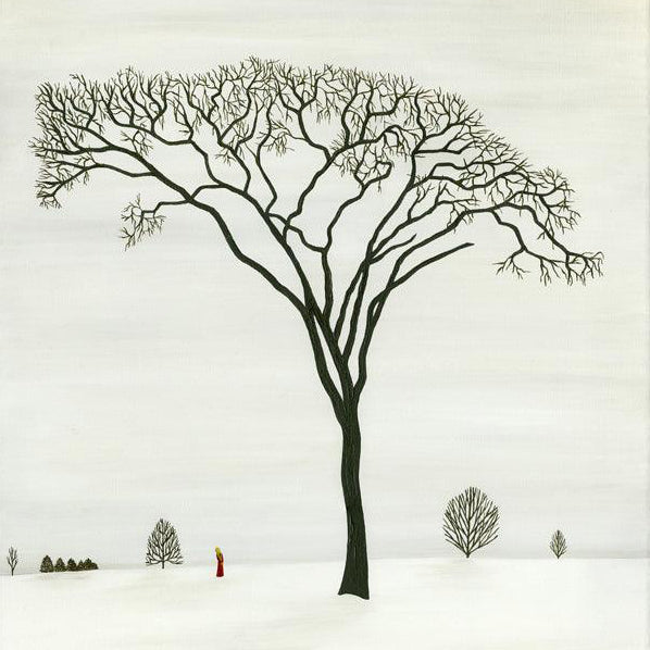 Favourite Tree - Oil on Canvas - 60 x 45 cm painting of a leafless majestic elm tree in winter landscape with a small figure in red.