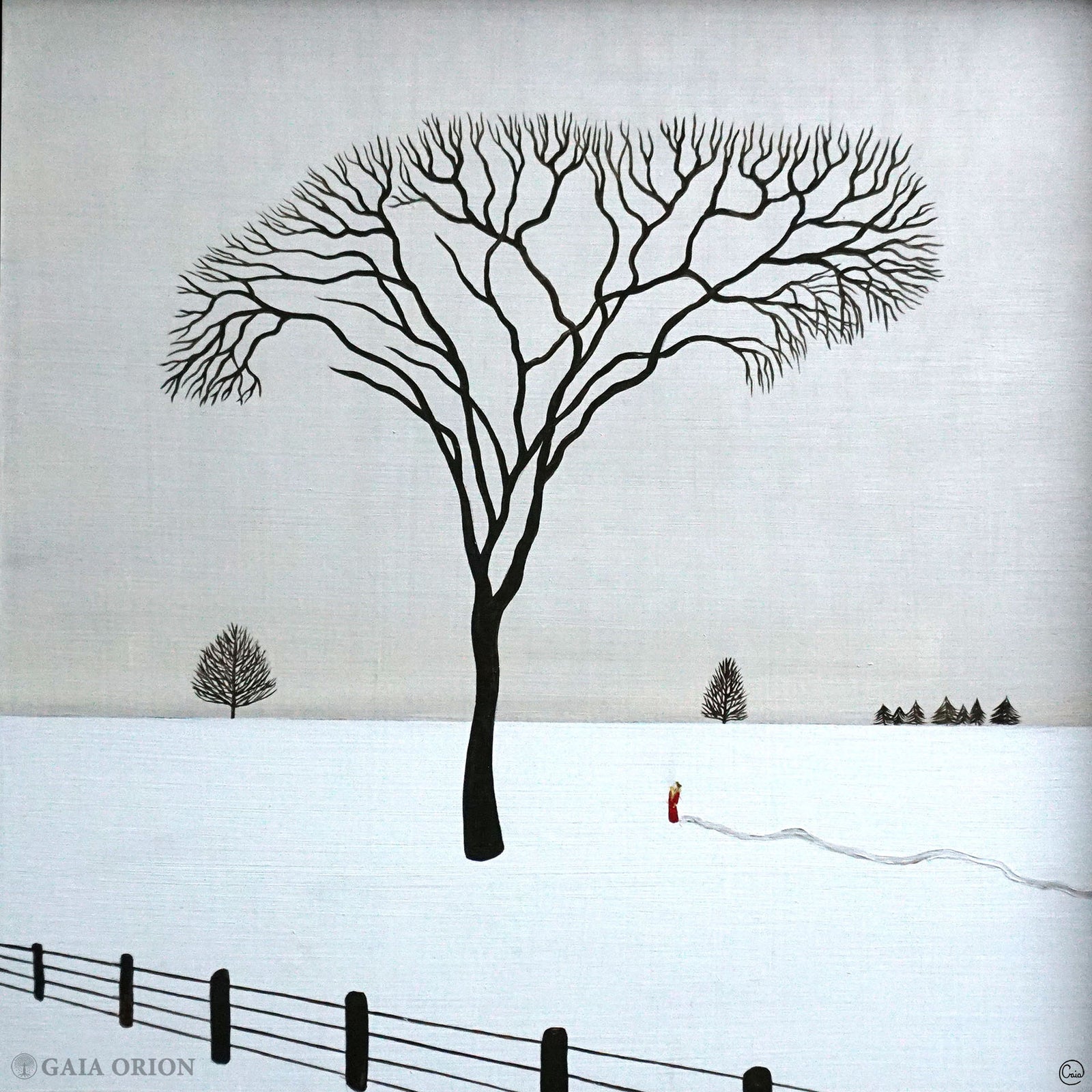 Favourite Tree - Awe oil on wood painting showing a large bare tree and small figure in a snowy landscape, 25 x 25 cm.