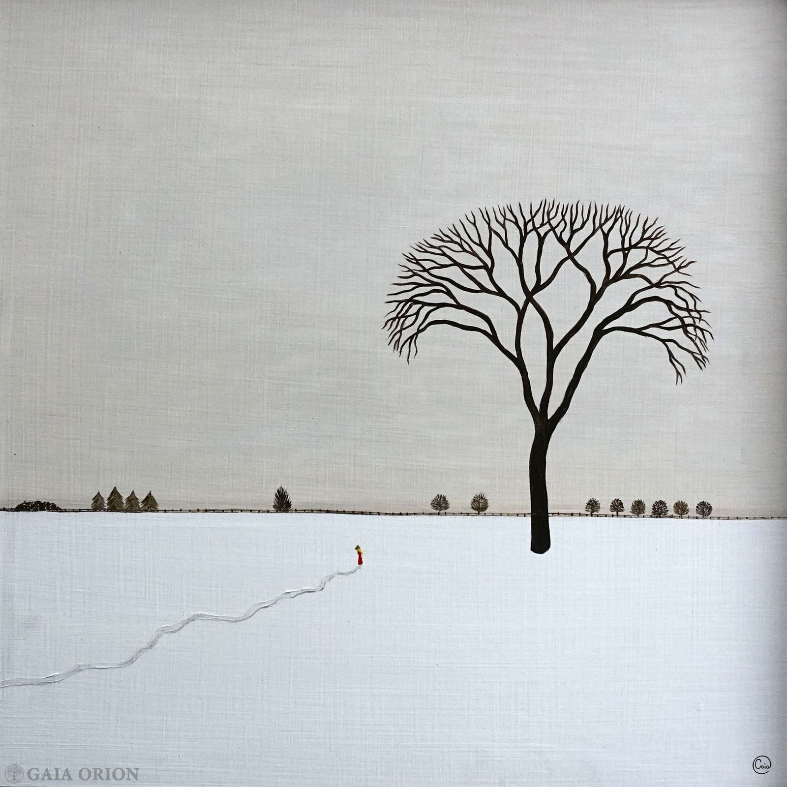 Favourite Tree - Contemplation oil on wood painting features a solitary bare tree and a small figure in a snowy landscape.