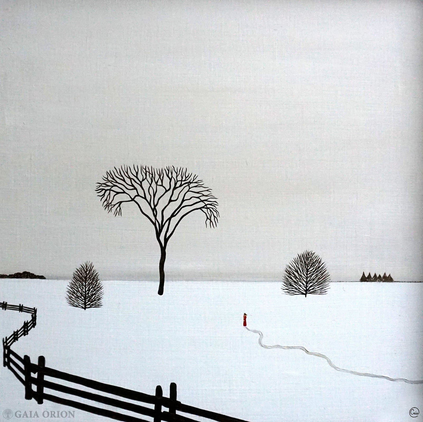 Favourite Tree - Stillness oil on wood painting 25x25 cm depicting minimalistic winter landscape with trees and solitary figure.