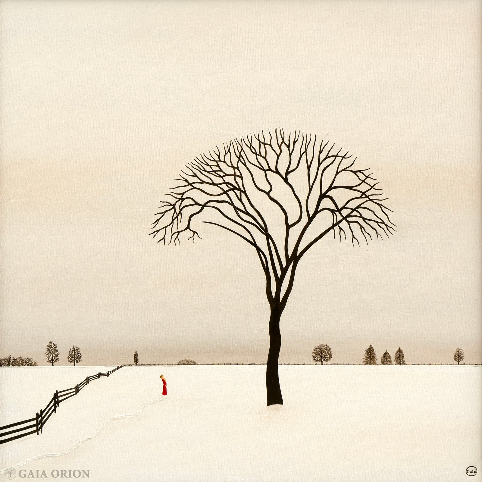 Favourite Tree - Oil on Canvas - 60 x 60 cm depicts a solitary tree with bare branches in a snowy landscape.